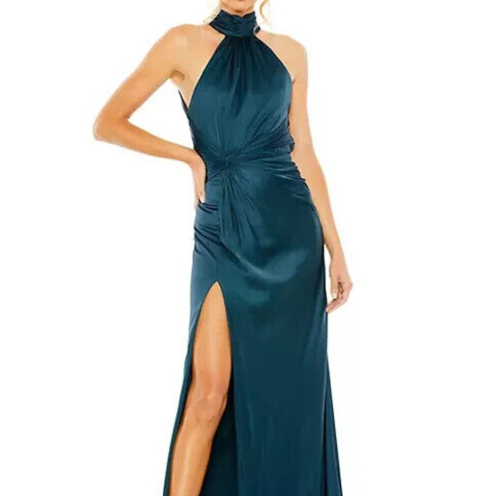 Ieena Mac Duggal Ocean Blue Side Ruched Satin Halter Gown